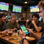 Say88 patrons placing bets in an energetic sports bar with multiple screens and cheering friends.