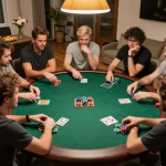 Players engaged in a captivating poker game at home, with VU88 chips in view, showcasing excitement and strategy.