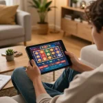 Hitclub player enjoying online casino gaming on tablet while tracking strategy notes in a cozy environment