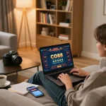 Engaging user interacts with CO88 casino games on a laptop in a cozy home environment.