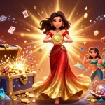 Experience the excitement of 0555win with a stunning illustration of an Asian woman holding a golden coin amidst a shower of gems.
