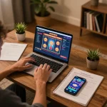 Engaging in slot gacor gaming at home with laptop, notes, and smartphone
