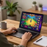 Player enjoying ALO8 online games on laptop with strategy notes in cozy gaming setup