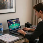 Player engaging with LV88 live dealer blackjack game on laptop, showcasing a modern home gaming setup