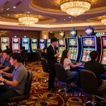vaobet players celebrating a jackpot win at the vibrant casino floor with colorful slot machines