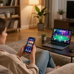 Player engaging with GK88 com on smartphone for online gambling, cozy home gaming atmosphere