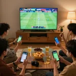 Friends cheering while betting on sports using MISO88 app in a lively home setting.
