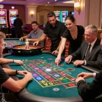 Experience the excitement of MAN88 at a lively roulette table with engaged players and croupiers managing bets.