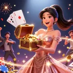 HitClub showcases a joyful Asian woman revealing treasure, symbolizing the thrill of gambling.