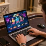 Player enjoying online casino games on LODE88 platform, showcasing vibrant interface and engaging atmosphere