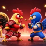 S8 game-themed scene with roosters, slot symbols, and vibrant casino elements.