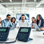 Showcase the best business phone providers in a modern office setting with a diverse team collaborating.