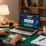 Engaging poker gameplay on a laptop representing xx88 online casino strategies in a cozy home setting