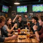Group of friends placing bets at 11BET sports bar during live games, showcasing excitement and engagement