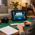 Player engaging with live dealer blackjack on tablet, showcasing rikbet strategies in a cozy setting.