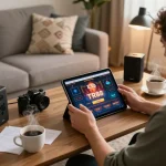 Engaged player using the TR88 casino app on a tablet in a cozy gaming setup.