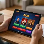 Player immersed in the GO8 online casino app while enjoying a relaxed home betting experience.