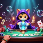 Engage with HIT CLUB's vibrant poker scene featuring a mystical cat and raven.