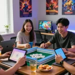Friends enjoying online gaming at https://hm88.cafe/ in a lively digital environment filled with colorful decor and devices.