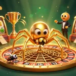 Experience thrilling gameplay at tr88 with a captivating golden web roulette scene featuring a nervous fly placing bets.