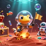 ok365 introduces a cartoon gecko discovering a golden casino amidst rich gambling treasures on Mars.