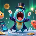 Experience thrilling gameplay at NK88 with a bioluminescent eel magician showcasing card tricks amidst a vibrant casino scene.