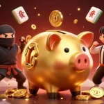 nk88 game scene featuring a sumo wrestler piggy bank, dynamic golden coins flowing, and neon Asian elements.
