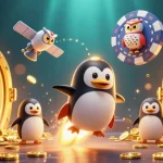 Experience gaming excitement at xx88 with a golden penguin racing through a vibrant casino universe.