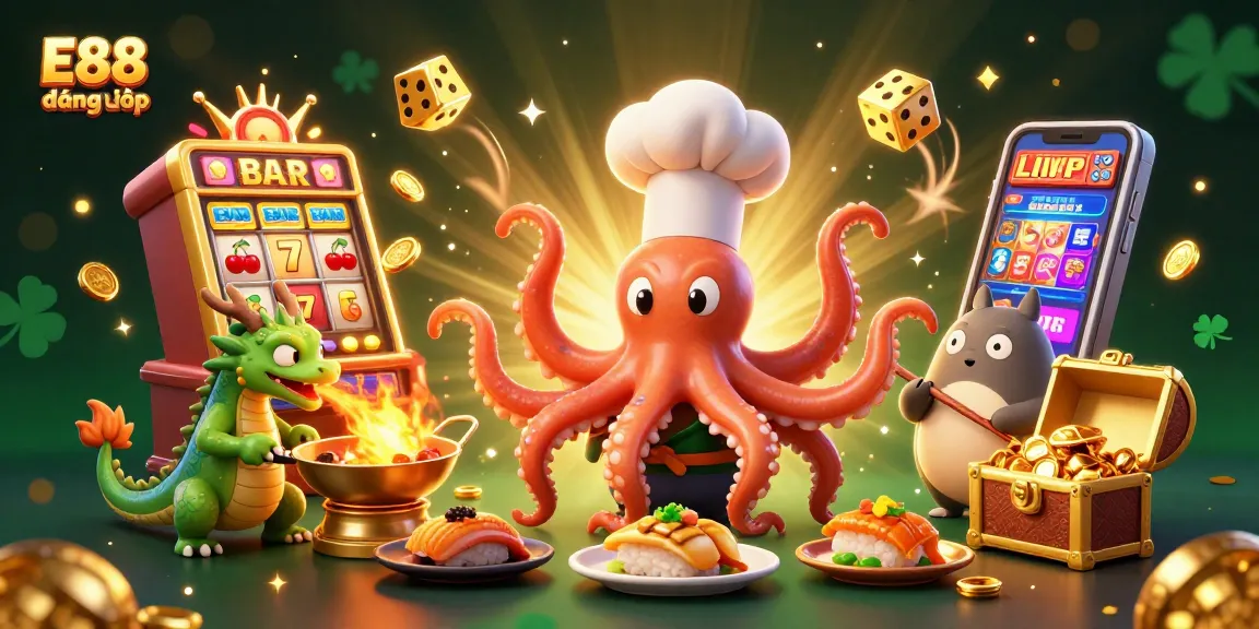 Enhance your gaming with E88 đăng nhập, featuring vibrant 3D characters and jackpot excitement in a casino environment.
