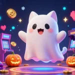 Experience the excitement of Go88 with a friendly ghost cat in a vibrant casino setting featuring jackpots and arcade games.