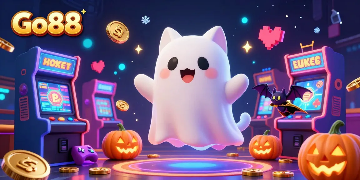 Experience the excitement of Go88 with a friendly ghost cat in a vibrant casino setting featuring jackpots and arcade games.