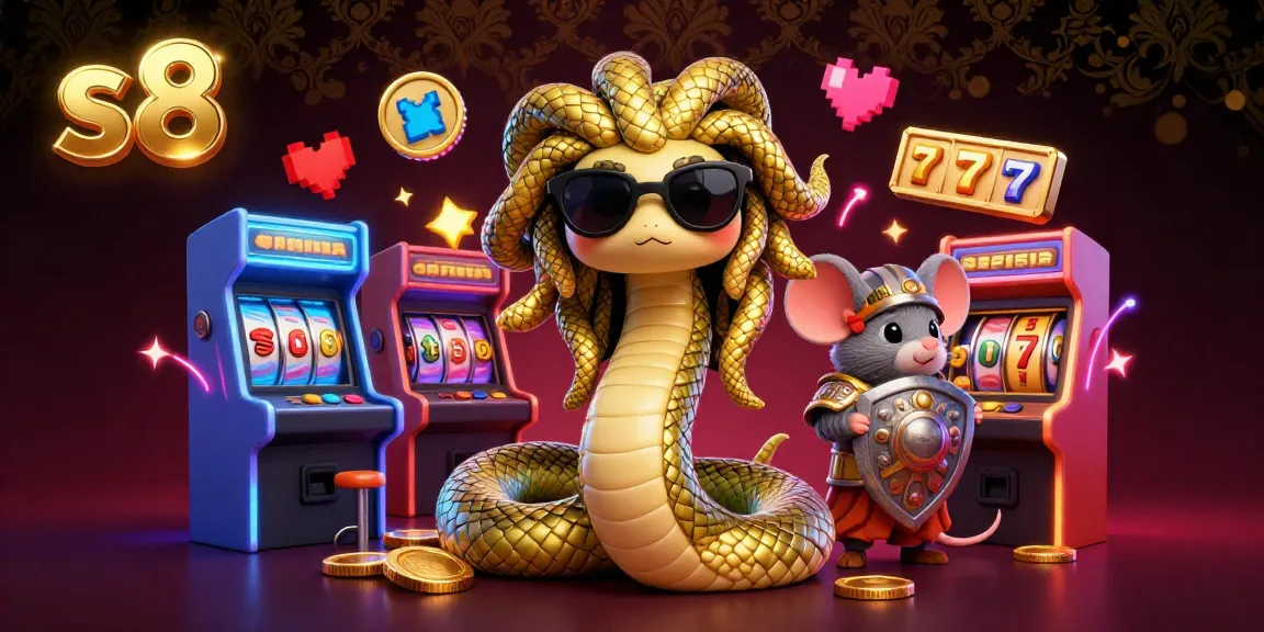 s8 platform showcases a vibrant 3D Medusa and warrior in a lively casino scene with dynamic slot machines.