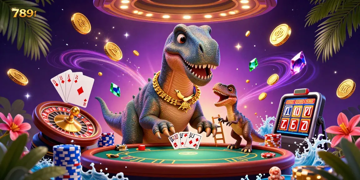 Engage in thrilling action at 789f with a brontosaurus overseeing a vibrant casino scene filled with games and excitement.