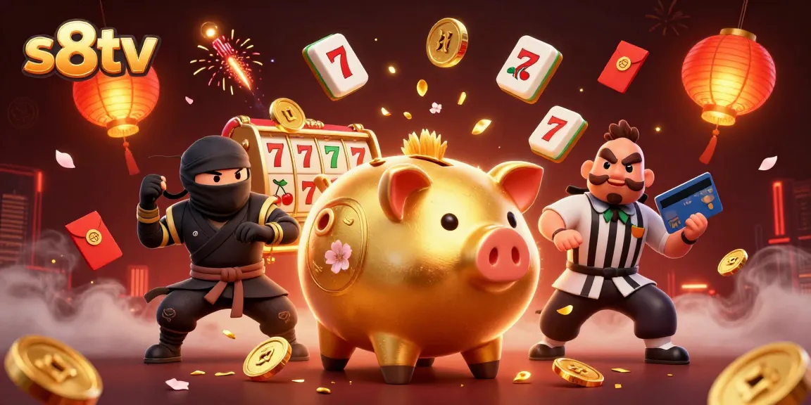 S8tv presents a vibrant casino illustration featuring a golden piggy bank sumo wrestler in action.