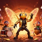 Engage with link vao ee88 in a vibrant 3D casino scene featuring a cartoon rock star and colorful game elements.