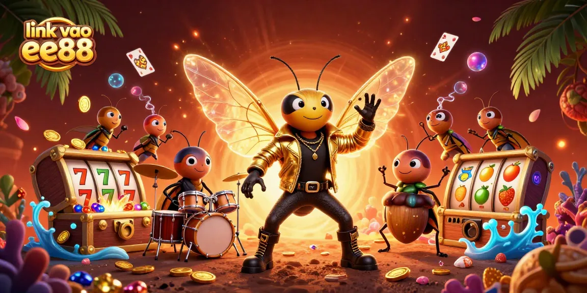 Engage with link vao ee88 in a vibrant 3D casino scene featuring a cartoon rock star and colorful game elements.