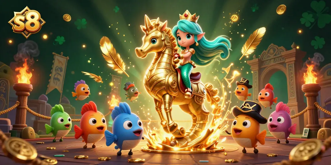 Experience thrilling gameplay with the s8 online casino mermaid princess riding a seahorse amidst vibrant casino elements.