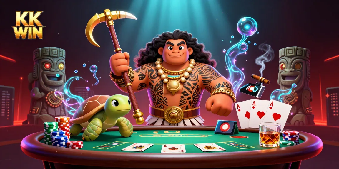 Engage with thrilling KK WIN gaming adventures, showcasing a vivid poker scene with enchanting cartoon characters.