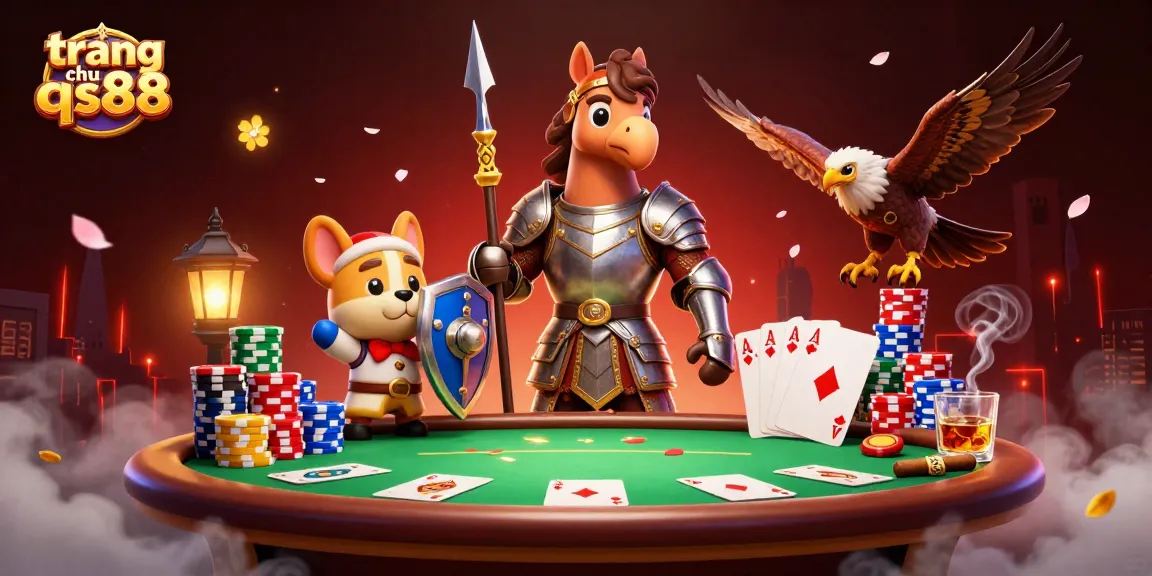 Engage in the exciting world of trang chu qs88 as a medieval knight, puppy, and falcon gather around dynamic poker elements.