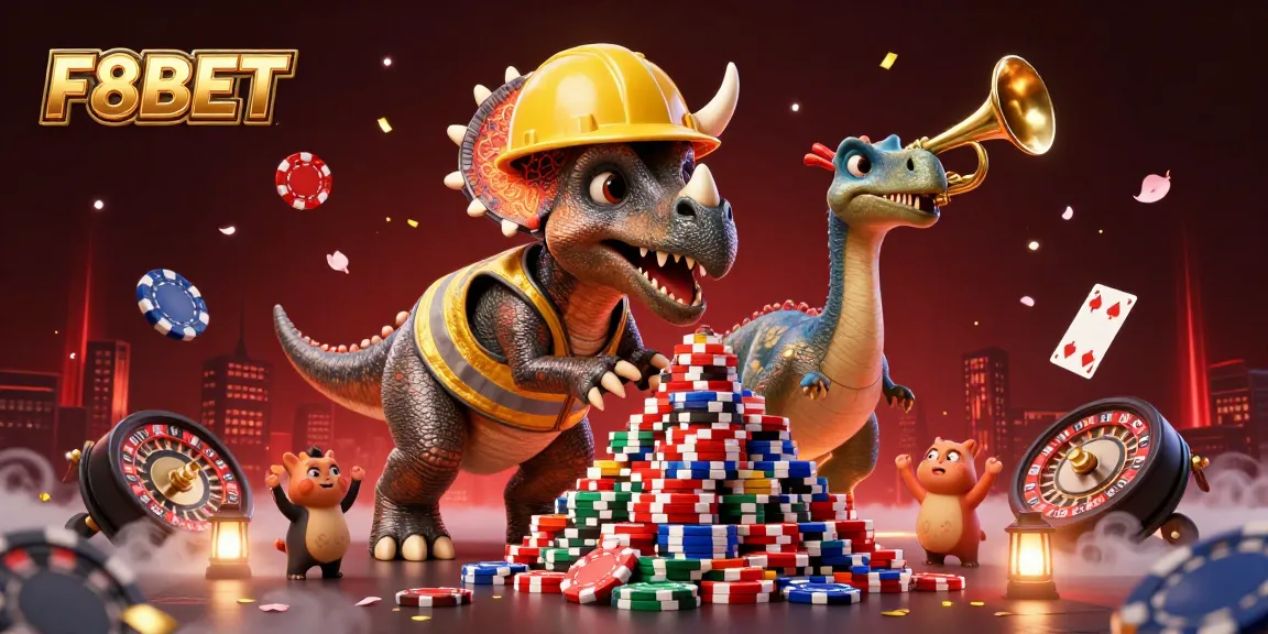 Get lucky at F8BET with a vibrant casino atmosphere featuring playful dinosaurs and rich gaming elements.