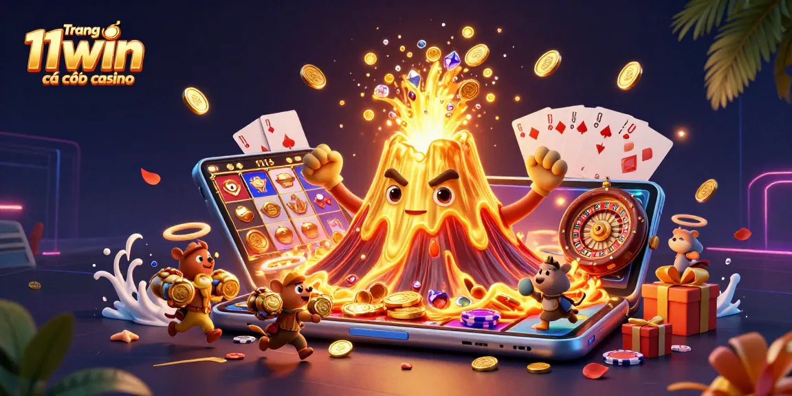 Experience the excitement at Trang chủ 11win cá cược casino with vibrant 3D casino elements and a triumphant golden volcano!