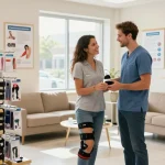 Customer discussing orthopedic supplies with a professional in a bright, welcoming store.
