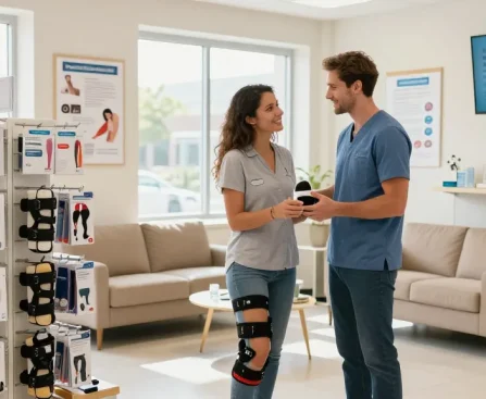 Customer discussing orthopedic supplies with a professional in a bright, welcoming store.