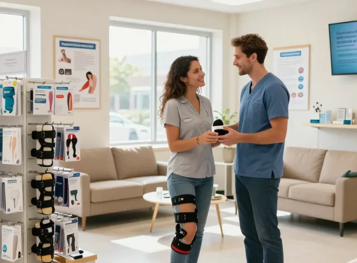 Customer discussing orthopedic supplies with a professional in a bright, welcoming store.